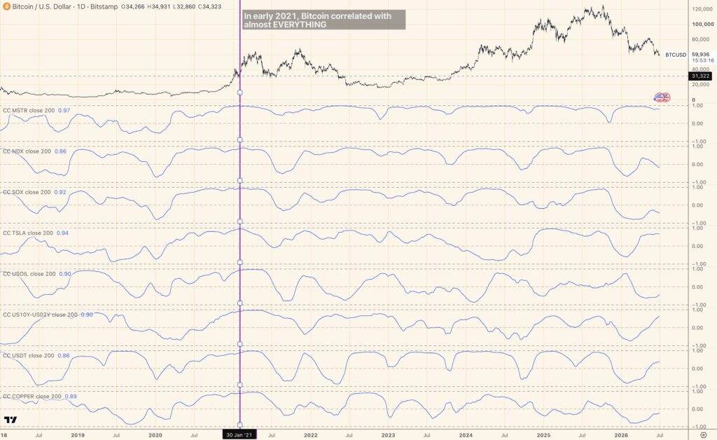 itcoin's 200-day rolling correlations with MicroStrategy, the Nasdaq, semiconductors, Tesla, oil, the yield curve, USDT, and copper — nearly all clustered near +0.9 in early 2021.